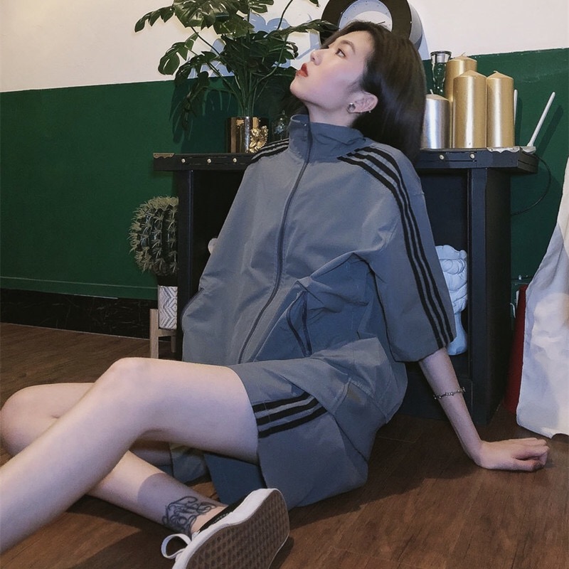 Three bars hip hop suit women's summer Korean loose fashion sports leisure student shorts two piece set