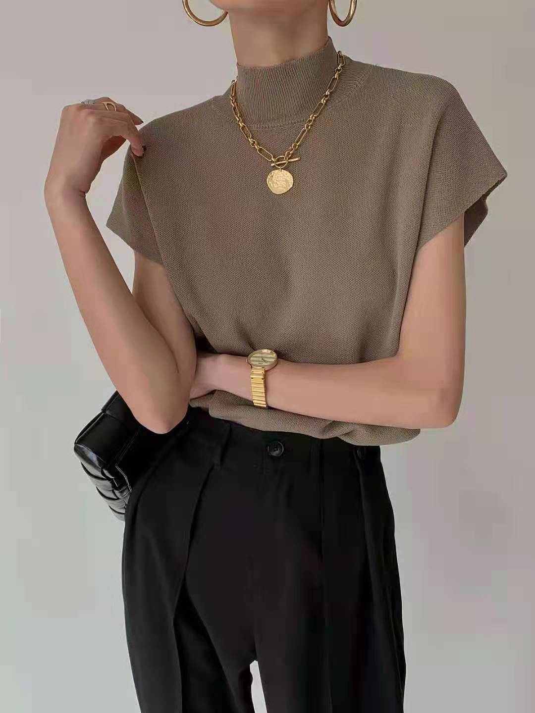 Paperlll half high neck waistcoat knitted vest women's T-shirt loose new short sleeved top summer