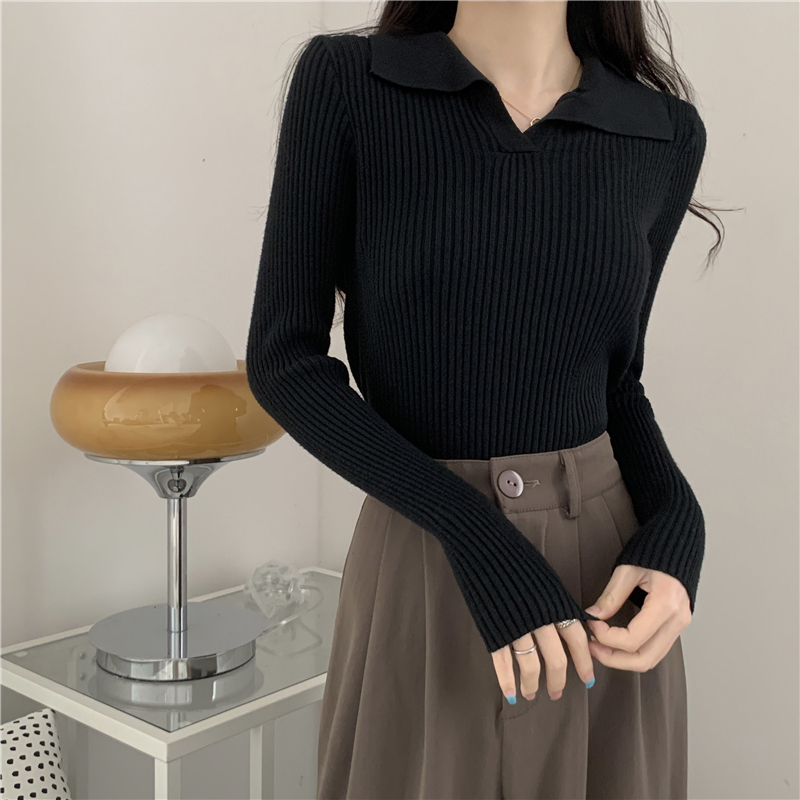 Polo collar long-sleeved knitted sweater women's autumn and winter Korean version of the new slim fit and thin pit stripe inner bottoming top