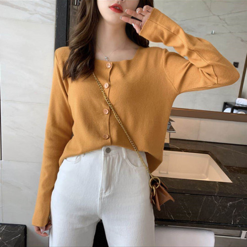 Square collar bottoming shirt women's long sleeve 2020 spring and autumn winter new loose sweater cardigan jacket Knitted Top