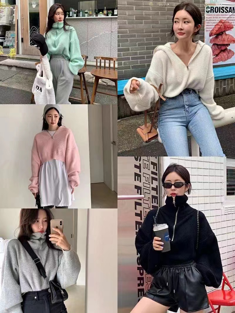 South Korea Dongdaemun autumn zipper lapel long-sleeved sweater short section lazy loose sweater coat female small