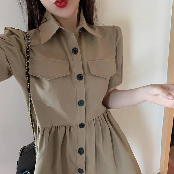 2022 new summer Korean polo collar skirt with thin waist, short sleeve sweet work dress, women's fashion