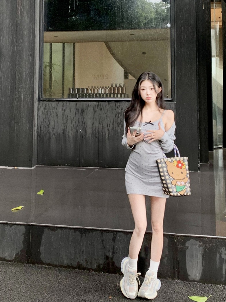 Real shot~Pure desire knitted cardigan for women summer sexy hot girl polka dot waist bag hip skirt suit