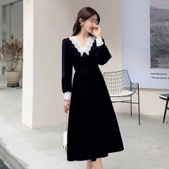 Miss Qianjin aura dress autumn and winter new stitching lace can be opened single-breasted waist a-line velvet skirt