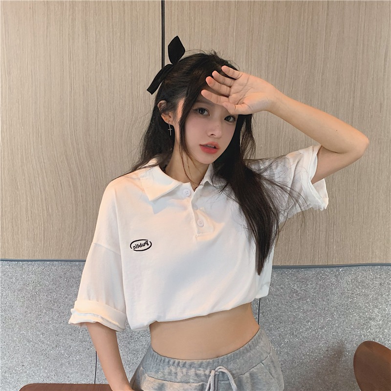 Cotton polo shirt short sleeve T-shirt women's high waist embroidered Lapel short top