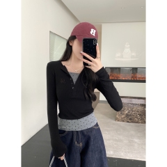 Real shot of autumn and winter Korean version slim fit contrasting color polka dot half open collar button fake two-piece long-sleeved bottoming top T-shirt