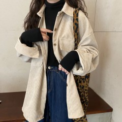 Real price shooting autumn and winter new Korean retro corduroy mid length lazy loose shirt jacket