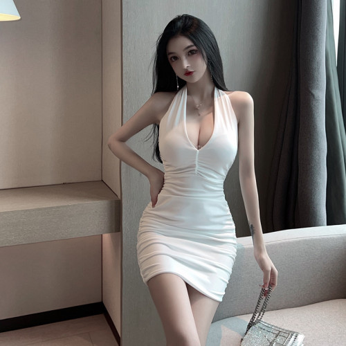 Real shot ~ Pure White V-Neck hanging neck high waist slim fit bag hip backless dress dress women