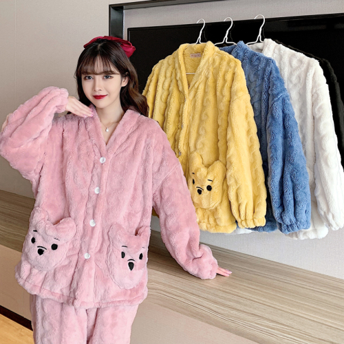 Real shooting coral velvet pajamas women's autumn and winter thickened Plush lovely outer Plush home clothes new two-piece suit