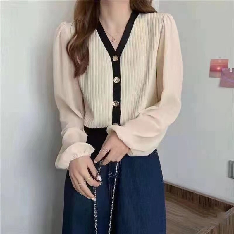 French Chiffon bubble sleeve stitched sweater women 2021 autumn new foreign style V-neck temperament cardigan coat women
