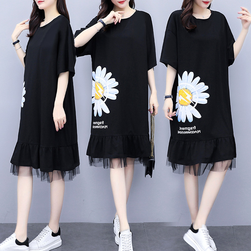 Large size women's summer new fat loose cover belly show thin medium length over knee short sleeve dress fashion