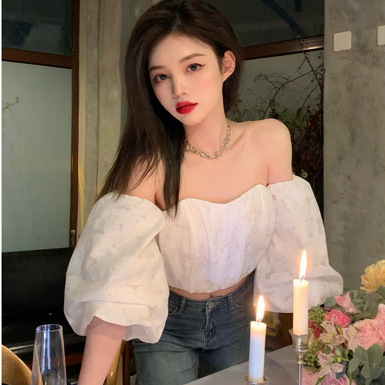 2023 summer new jacquard tube top one word collar puff sleeves strapless sexy sweet hot girl short top women