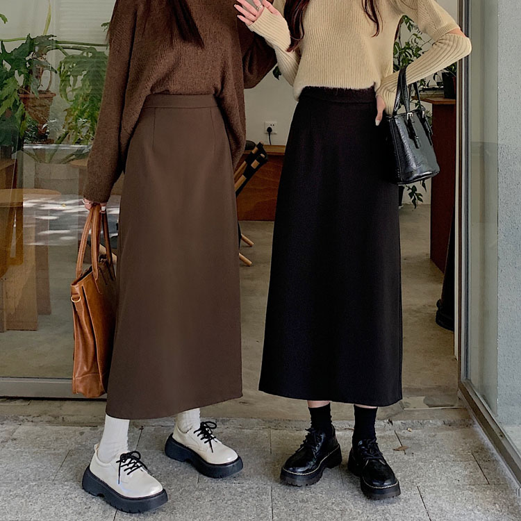 Real shooting real price ~ autumn and winter new woolen straight skirt skirt wear black mid-length woolen a-line skirt women