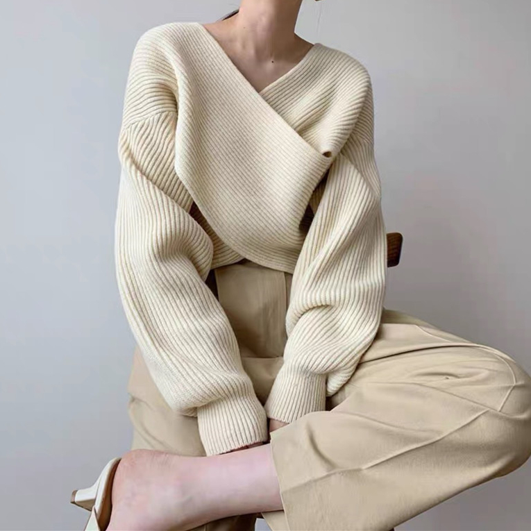 Autumn winter soft solid V-neck cross loose pit sweater