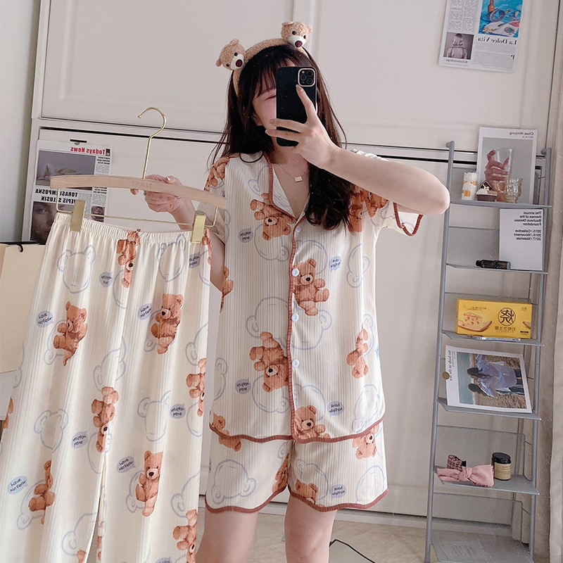 Live shooting of spring and summer new style Lapel cardigan pit strip short three piece set of pajamas short sleeve shorts long pants cartoon home clothes