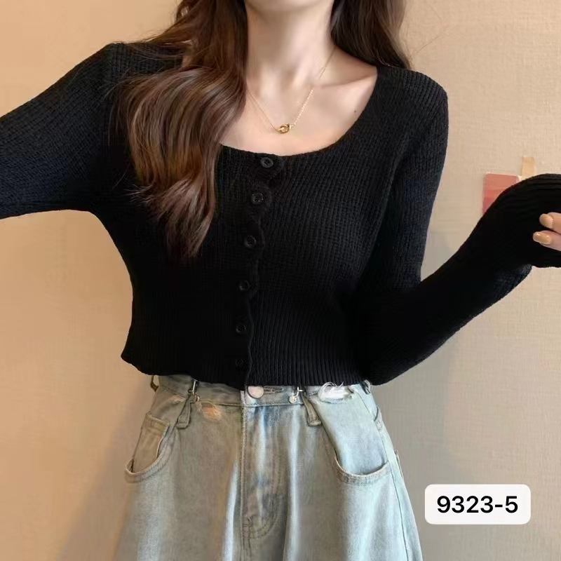 2022 autumn new sweet and spicy pure desire chic square collar thin and high short knitted long-sleeved top