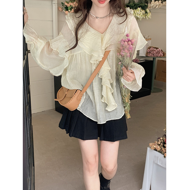 Official picture ruffled puff sleeves small shirt women's spring and summer sweet thin sun protection chiffon shirt for small people
