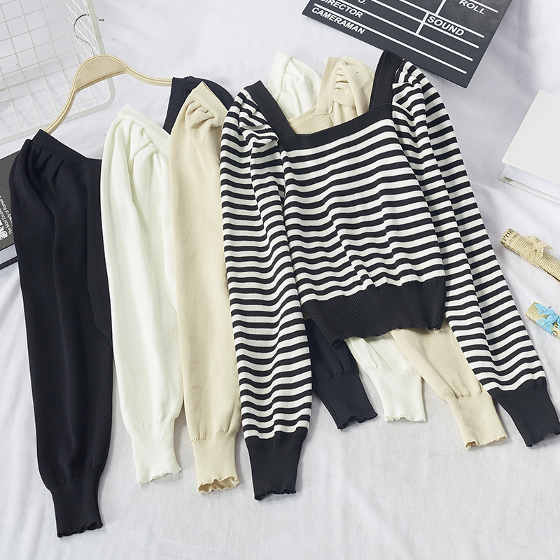 Autumn new striped square neck short knitted shirt women's slim top