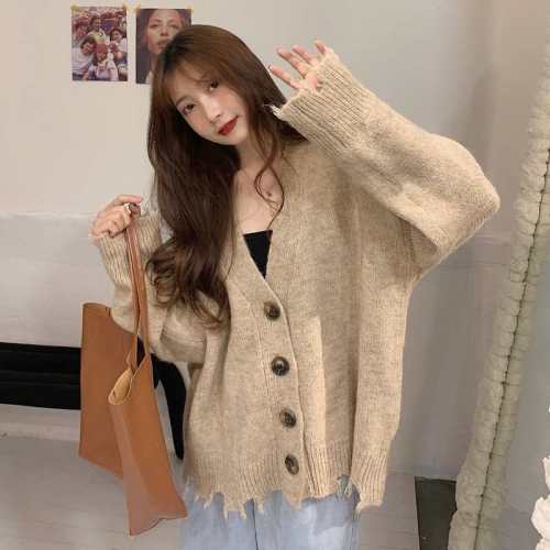 Sweater coat soft waxy cotton cashmere women autumn winter long sleeve Korean version loose lazy wind thickened medium length cardigan top