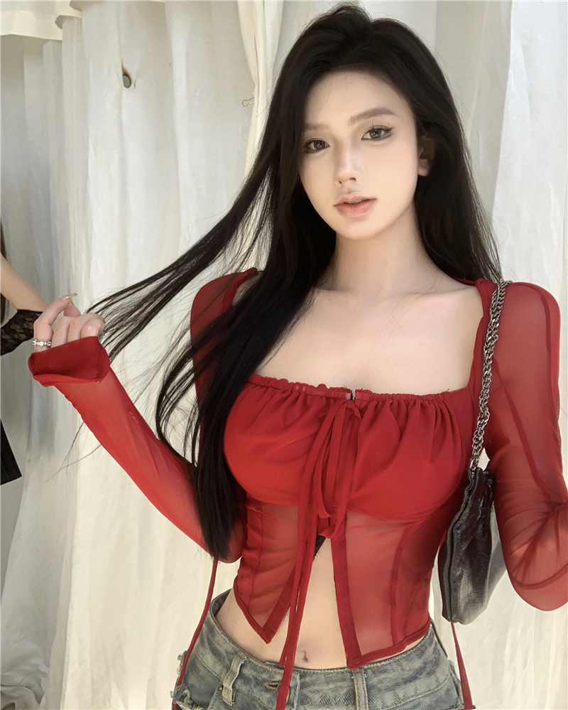 Real Price Pure Wine Red Mesh Square Neck Tight Design Lace Up Top