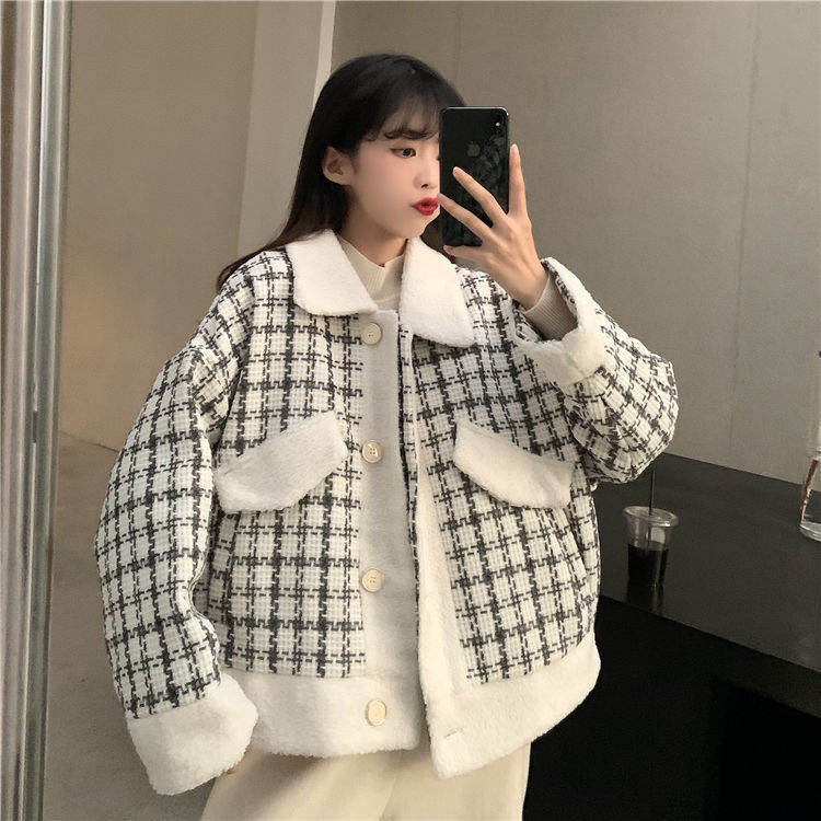 2022 thickened cotton clothes fashion small Korean version loose plaid stitching lamb wool student short coat women