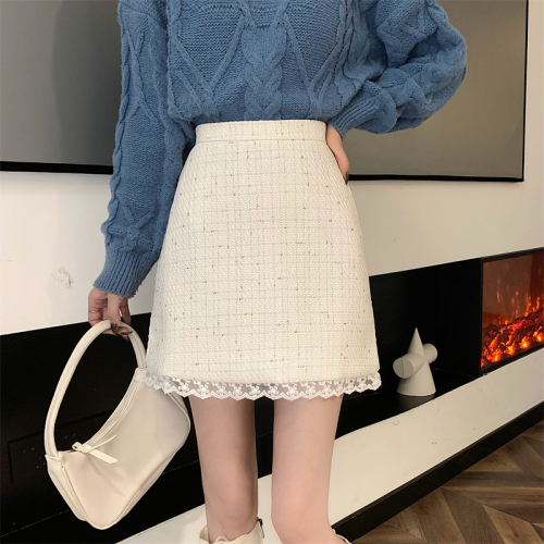 Real shooting real price ~a word half length skirt women's small fragrance Hip Wrap Skirt lace splicing high waist tweed short skirt with boots