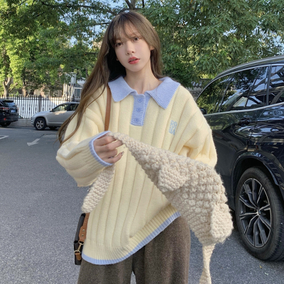 Polo collar stitched sweater women's autumn winter 2021 new fresh lazy wind age reducing loose thickened sweater top