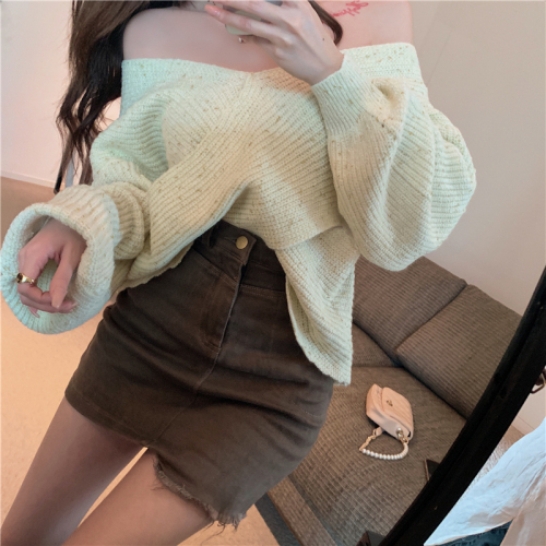 Real shot real price ~ loose and lazy T-Shirt Top Women's Autumn Lantern Sleeve sexy cross V-Neck Sweater