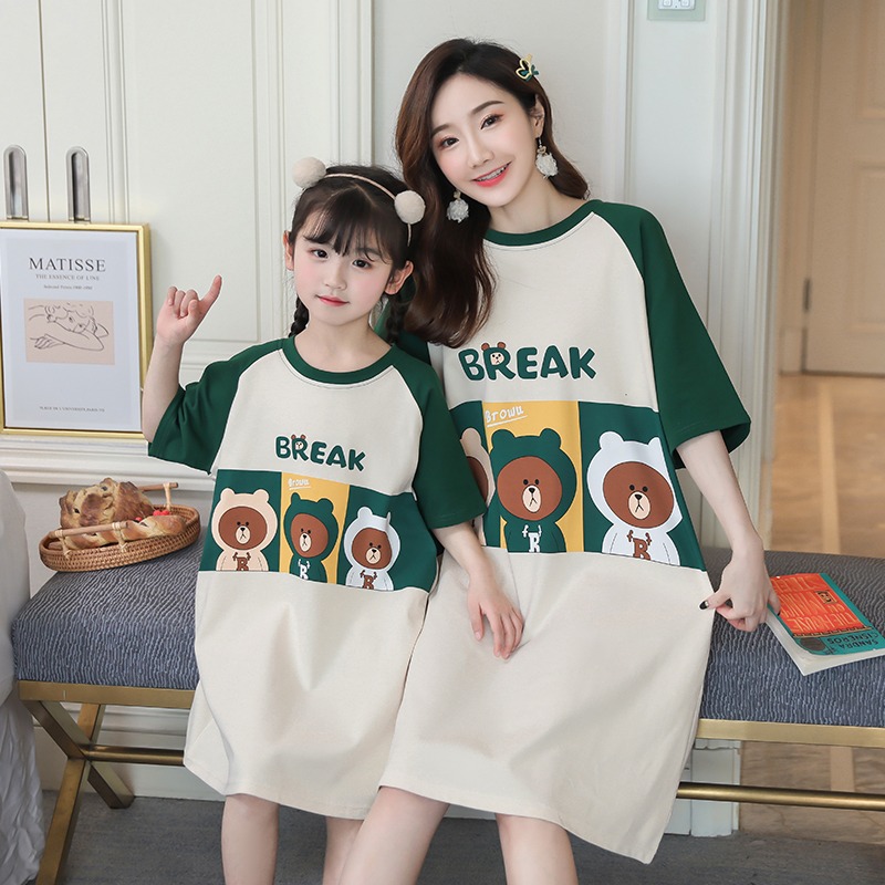 Real shooting pajamas female cotton lovely short sleeved nightdress summer can wear parent-child home clothes