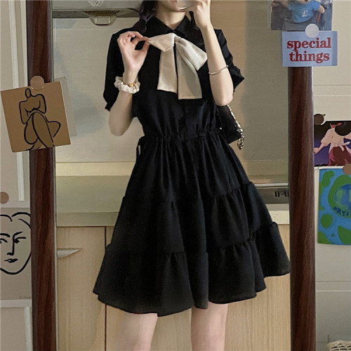 French retro cool sweet wind girl cake skirt sweet dress women's summer and Korean version small black skirt with a thin waist