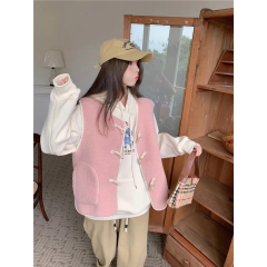 Lamb velvet vest women wear 2022 new autumn and winter thickened retro horn button cardigan vest jacket vest