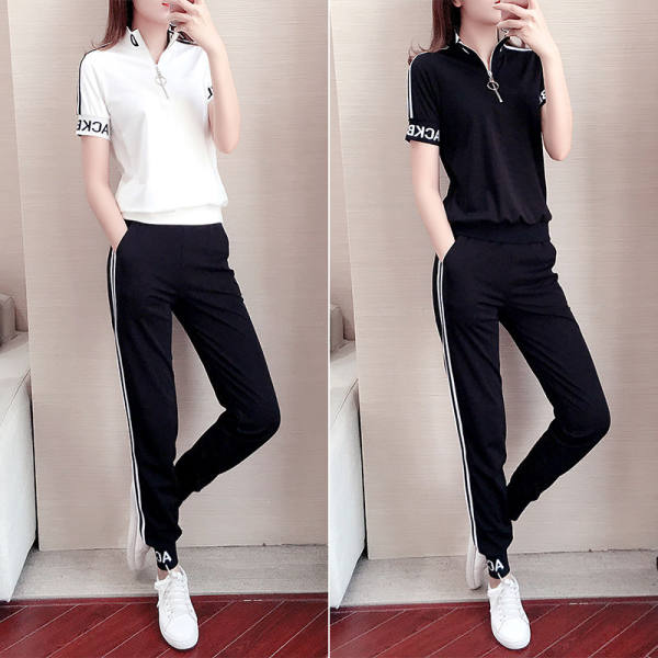 Summer new leisure sports suit women's large western style stand collar patchwork two piece set