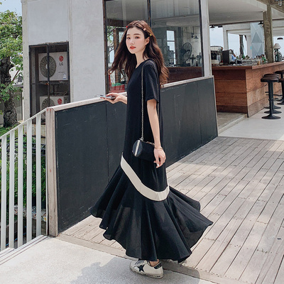 2020 summer new T-shirt dress female loose student fairy super fairy Department knee length irregular fishtail skirt