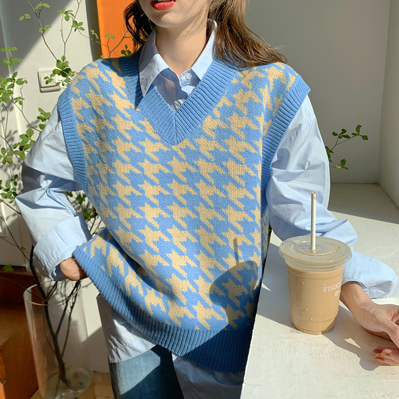 Spring and autumn new loose temperament contrast color thousand bird grid V-neck fashion folding sleeveless vest for women