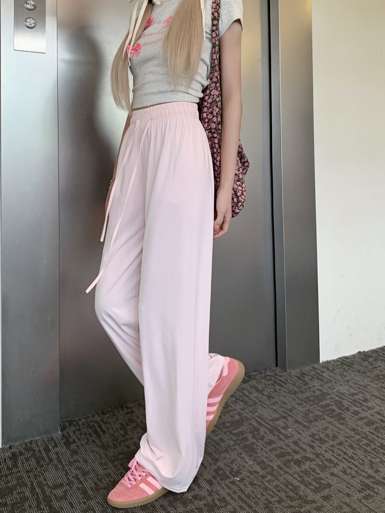 Original ice silk nylon summer women's high-waisted thin cool pants loose straight wide-leg casual pants elastic Korean