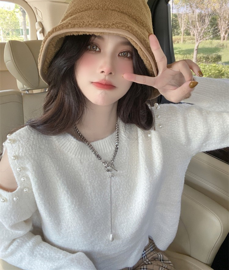 Milk wear winter top women's 2022 new design chic off-shoulder short beaded sweater sweater