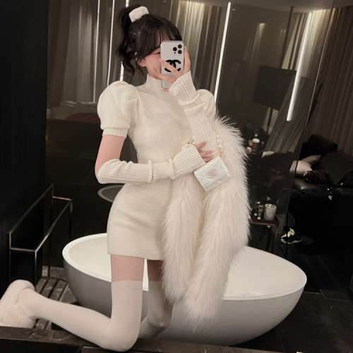 In mimiface white knitted dress women's winter design sense niche bubble sleeve bottomed sweater