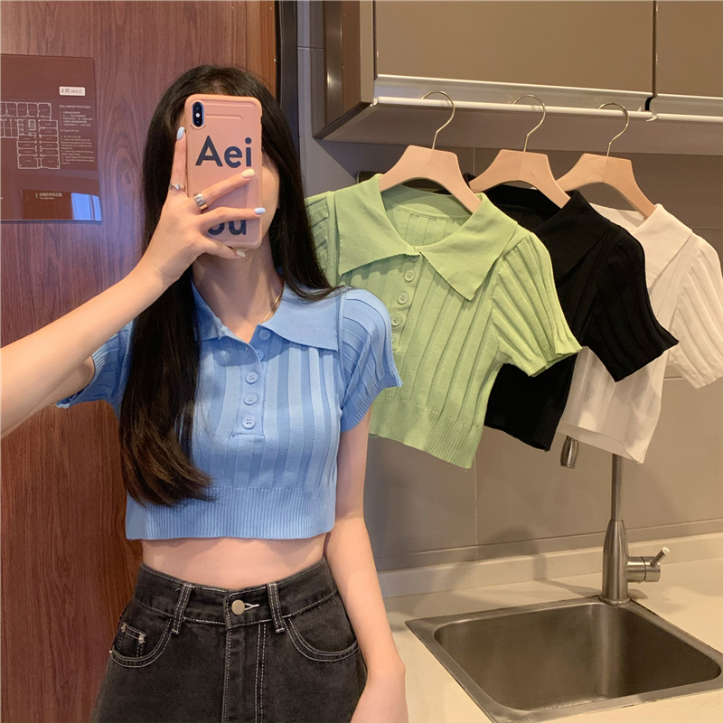 Real shooting and real price summer new polo collar white hot girl short sleeve knitted T-shirt top women