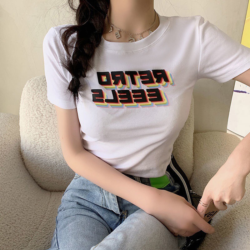 2022 sweet and spicy minority letter round neck short sleeve T-shirt women's summer high waist exposed navel thin versatile top