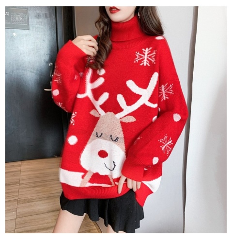  Autumn Winter Christmas deer medium long large high neck sweater female red lazy wind loose sweater