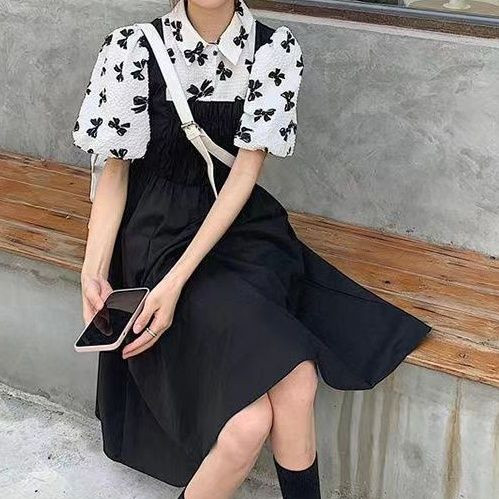 2022 new summer Mori dress women's splicing fake two pieces of niche bubble sleeves cute and gentle knee length skirt