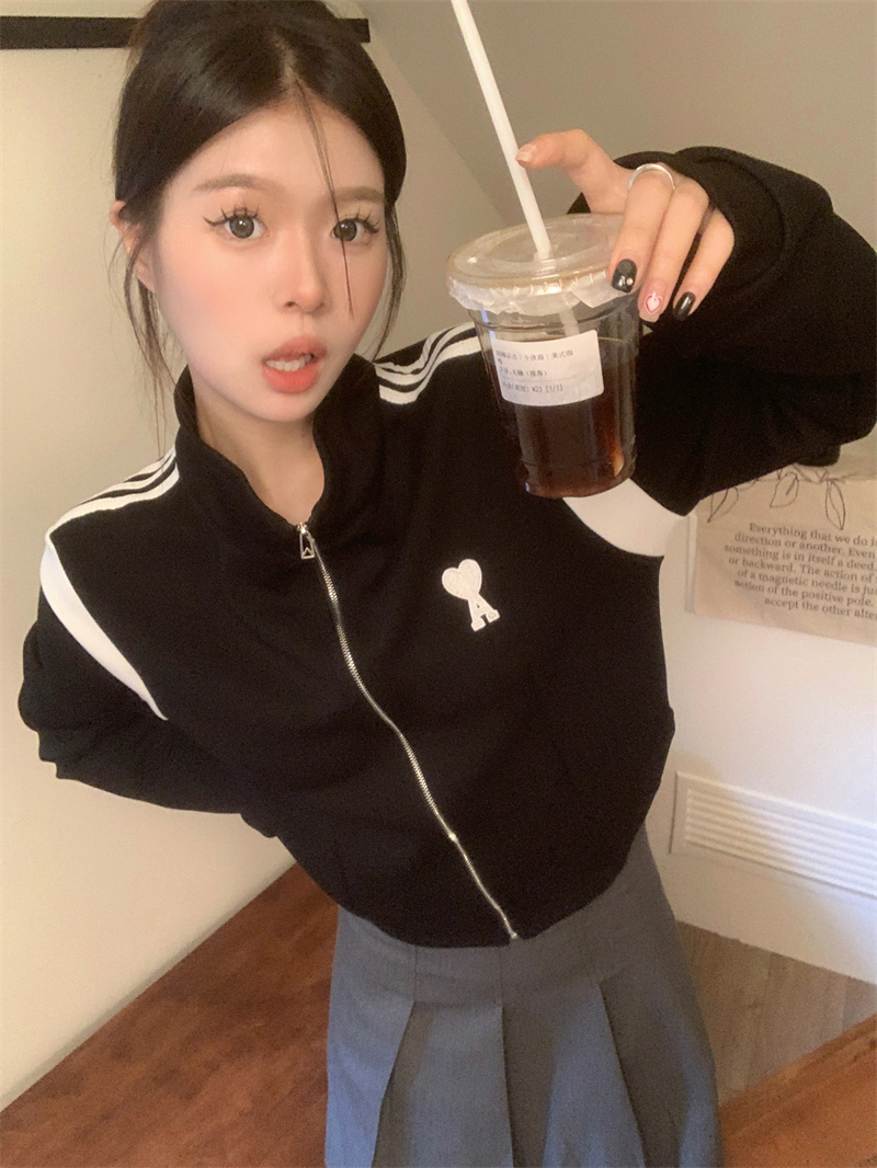 Real price Autumn Korean version stand collar contrast color high waist jacket jacket sports zipper baseball uniform
