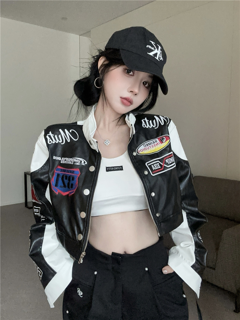 Actual shot ~ 2024 autumn new style American hot girl heavy industry stand collar embroidered motorcycle wear short style jacket