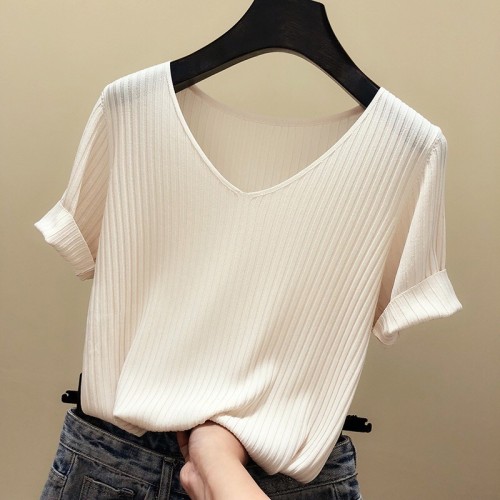 Summer new Korean collar loose thin air hole stripe ice silk knitted women's solid color short sleeve T-shirt