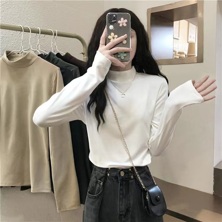 Korean version of German velvet brushed thickened half turtleneck bottoming shirt women's long-sleeved T-shirt in autumn and winter