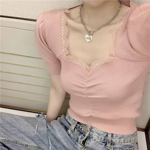 2020 summer new Korean version versatile slim lace splicing bubble sleeve student Knitted Top Bottom