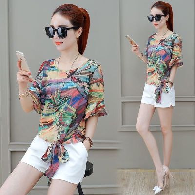 Ice silk T-shirt 2020 new summer printed short sleeve medium length inch clothes large loose top women's wear