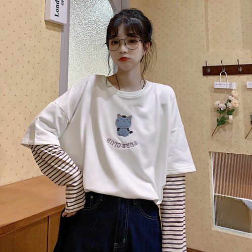 Real time cartoon embroidery long sleeve T-shirt women 2020 Korean loose ins fashion fake two thin student tops