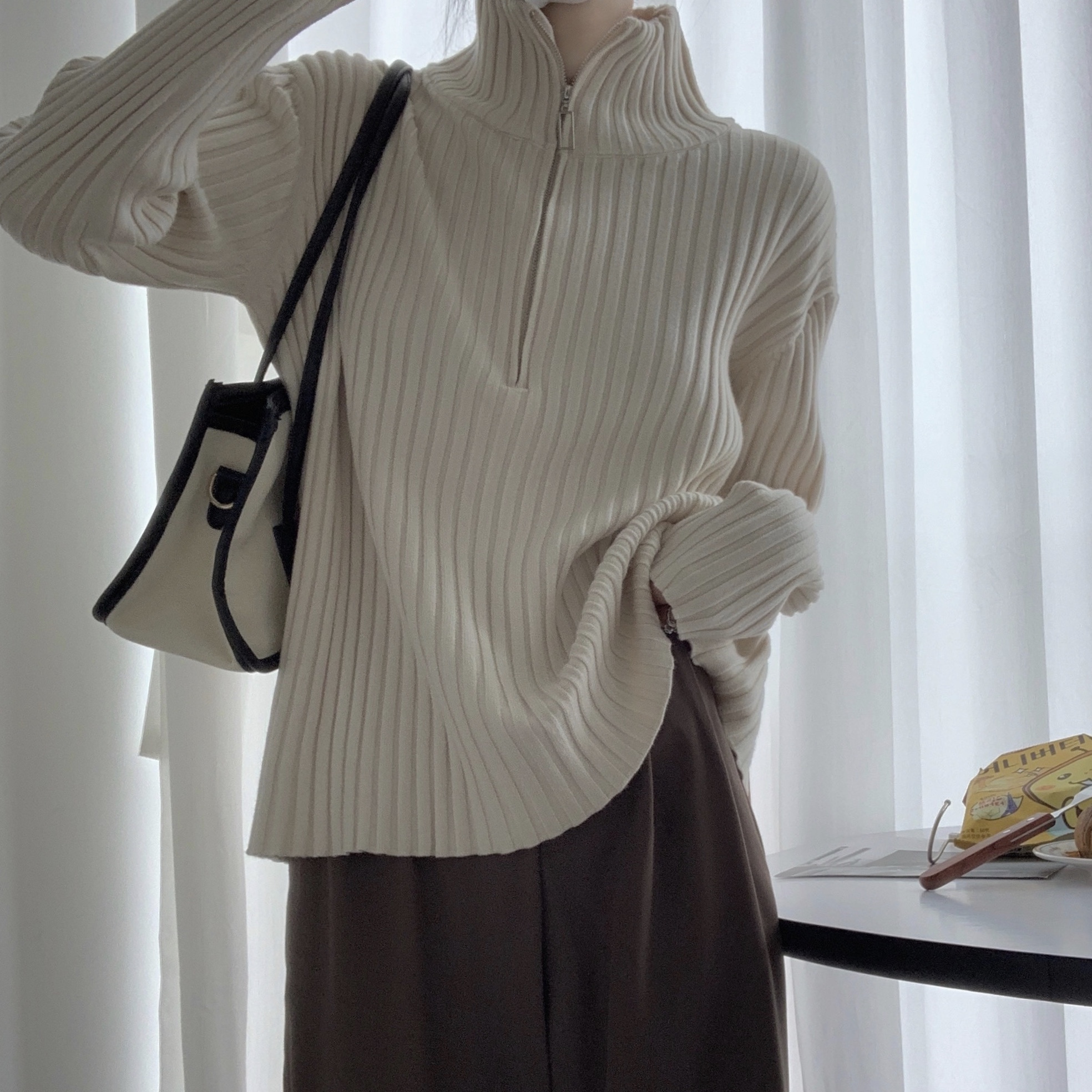 Large version half turtleneck zipper loose large board type lazy style knitted pullover