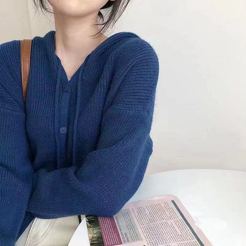 2022 autumn and winter hooded sweater women's design sense niche long-sleeved wear soft waxy sweater baby blue cardigan coat